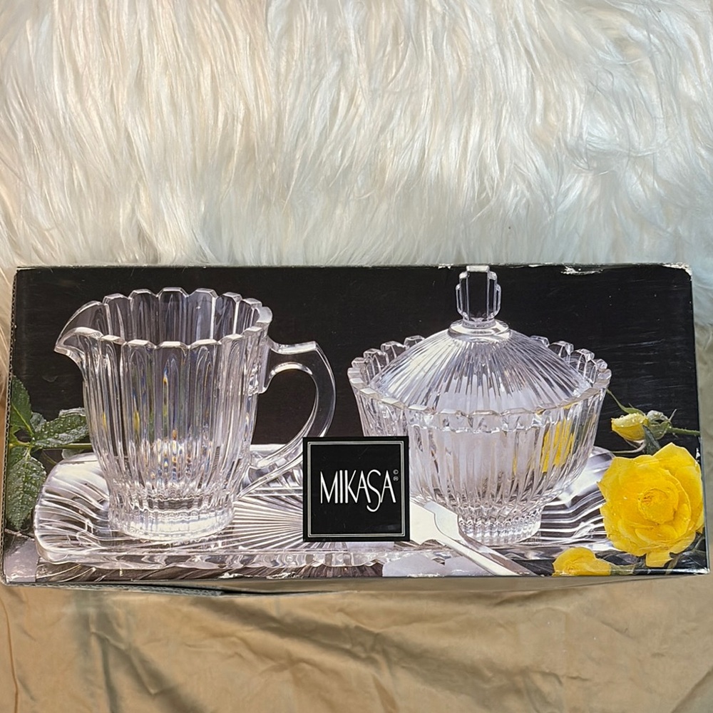 Mikasa Royal Suite Crystal Cream and Sugar Set with Tray 3 Piece Vintage Set NIB